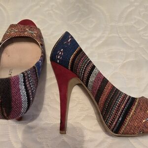 Chinese Laundry Red and Blue Heels with Striking Pattern